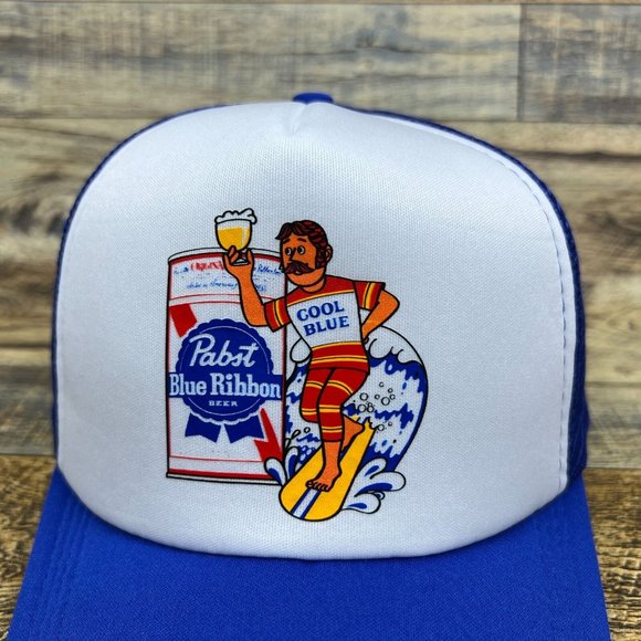 Pabst Blue Ribbon Mens Trucker Hat Blue Snapback Wakeboard Surf 70s Baseball Cap - Picture 3 of 8
